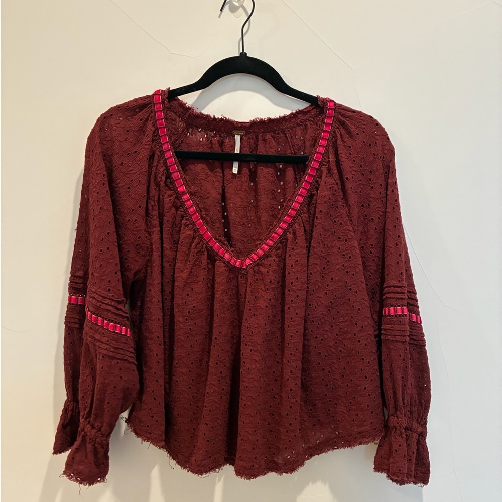 Free People Red Smocked 3/4 Sleeve Blouse